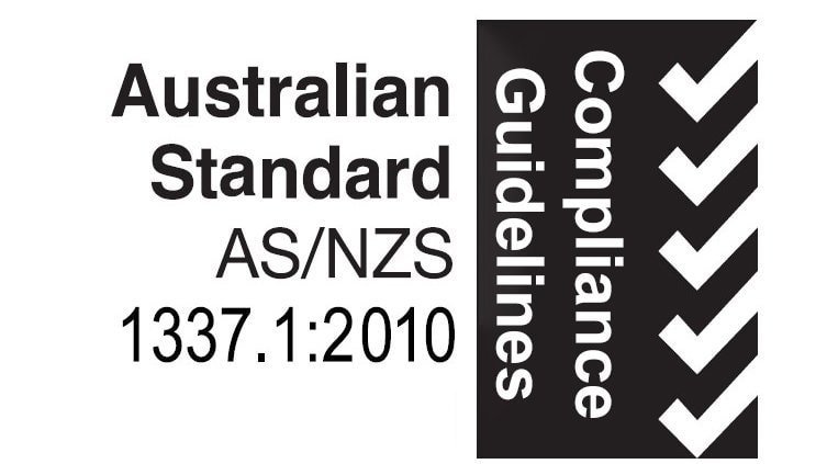 Certification label displaying the AS/NZS 1337.1 Australian Standard code 2010 next to a black vertical bar reading Compliance Guidelines with checkmarks.