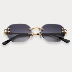 Vintage-style rimless mens sunglasses featuring geometric octagonal gradient nylon lenses and gold-plated cupronickel temples.