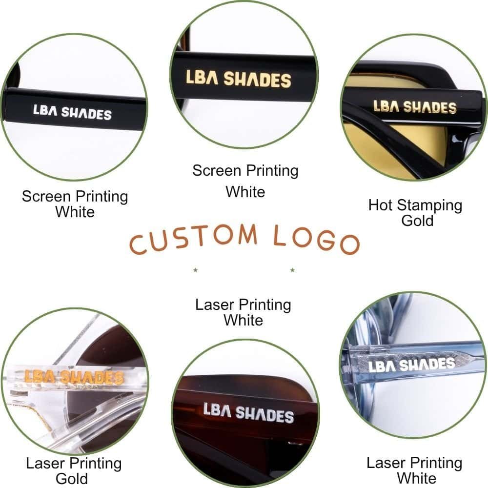 An infographic guide for custom sunglasses with logo, displaying six different techniques and color options for the 'LBA SHADES' logo. It highlights differences between Screen Printing (White on black), Hot Stamping (Gold on black), and three variations of Laser Printing: Gold on clear frames, solid White on tortoise frames, and White with a mesh texture on blue-grey frames.