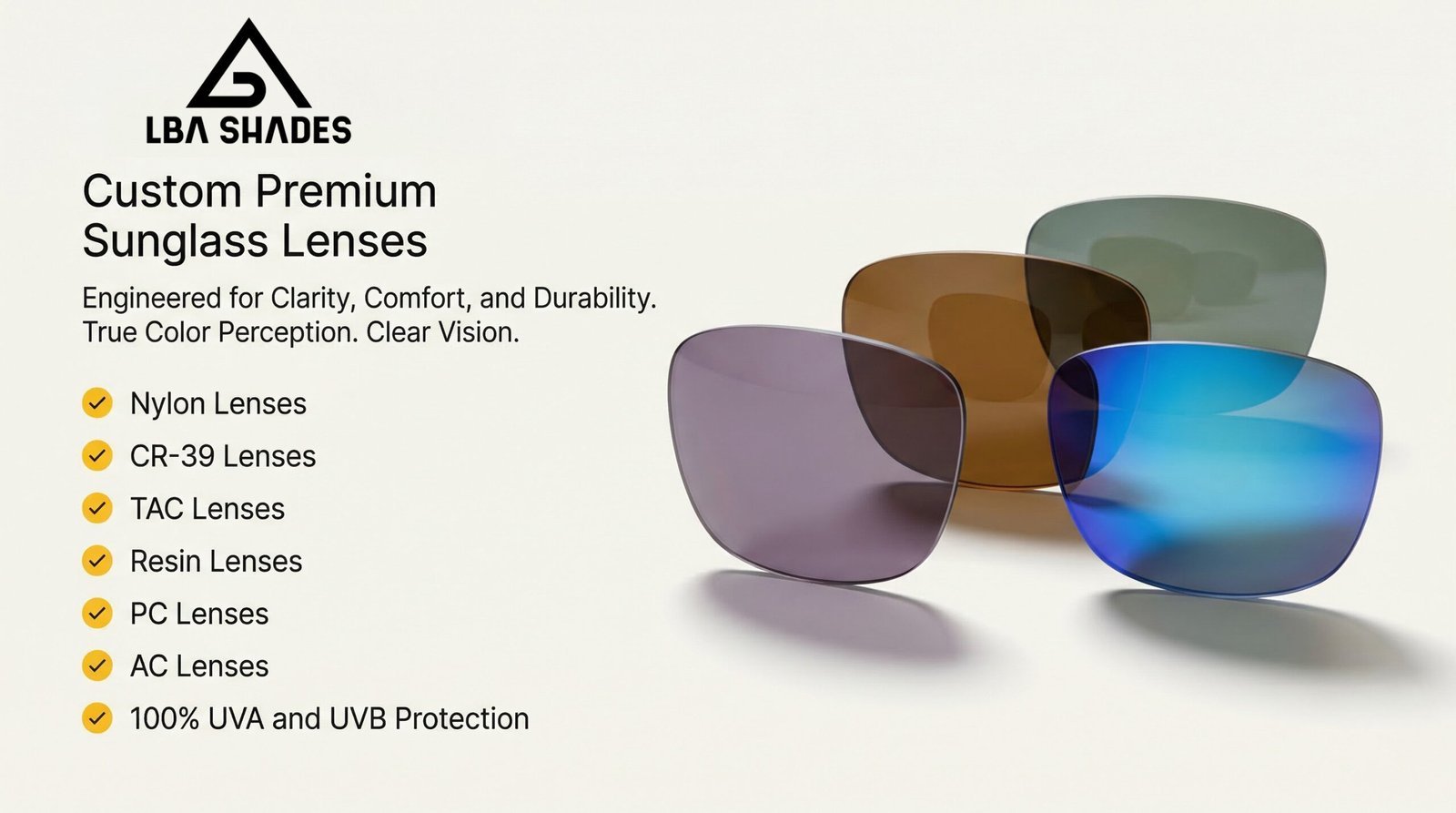 A promotional graphic advertising premium custom sunglasses lens options, listing materials like Nylon, CR-39, TAC, and PC alongside four different colored display lenses.