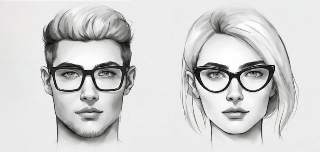 A black and white illustration shows a man on the left wearing square glasses for long faces and a woman on the right wearing cat-eye glasses for long faces, highlighting how different frame styles complement a slender face.