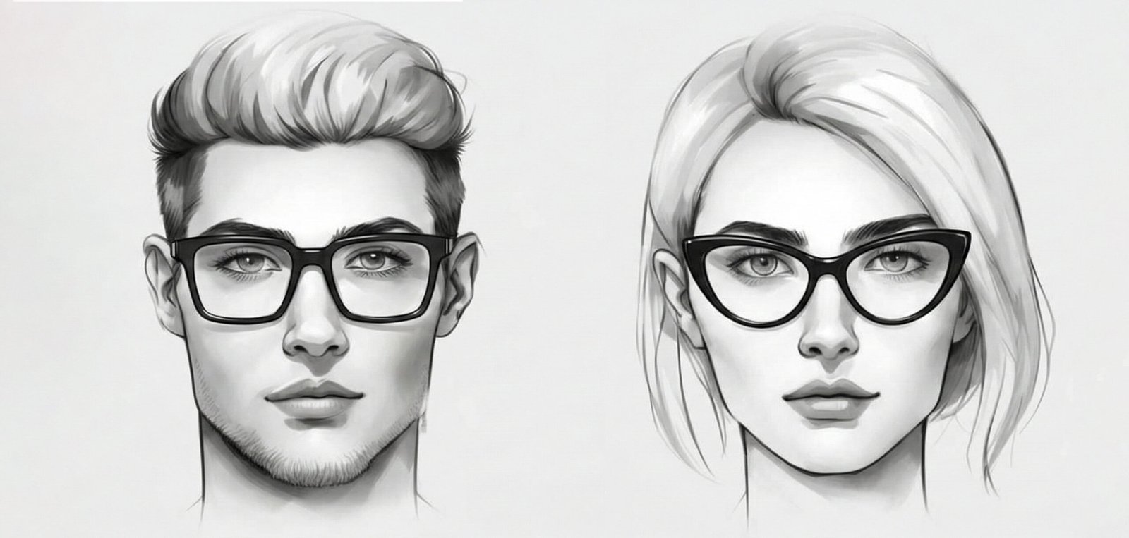A black and white illustration shows a man on the left wearing square glasses for long faces and a woman on the right wearing cat-eye glasses for long faces, highlighting how different frame styles complement a slender face.
