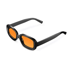 Angled view of black bio based sunglasses featuring bright orange lenses and thick frames on a white background.