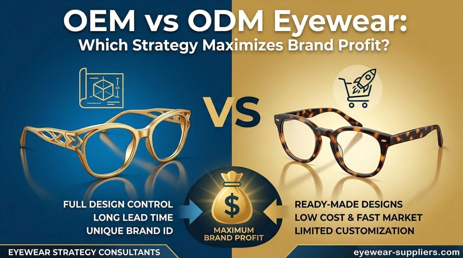 An infographic comparing OEM vs ODM eyewear strategies for maximizing brand profit. The left side features OEM with custom gold frames, highlighting full design control, long lead times, and unique brand ID. The right side features ODM with ready-made tortoiseshell frames, emphasizing low cost, fast market entry, and limited customization.