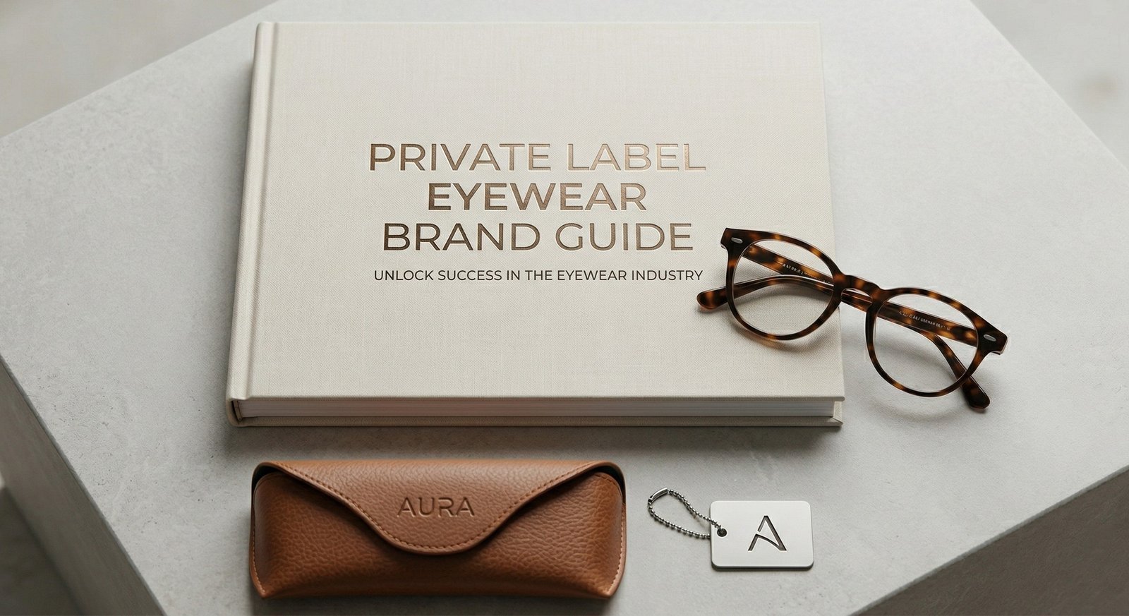 A sleek hardcover book titled Private Label Eyewear Brand Guide resting on a light stone surface, alongside a pair of tortoiseshell glasses, a brown leather case, and a metal branding tag.