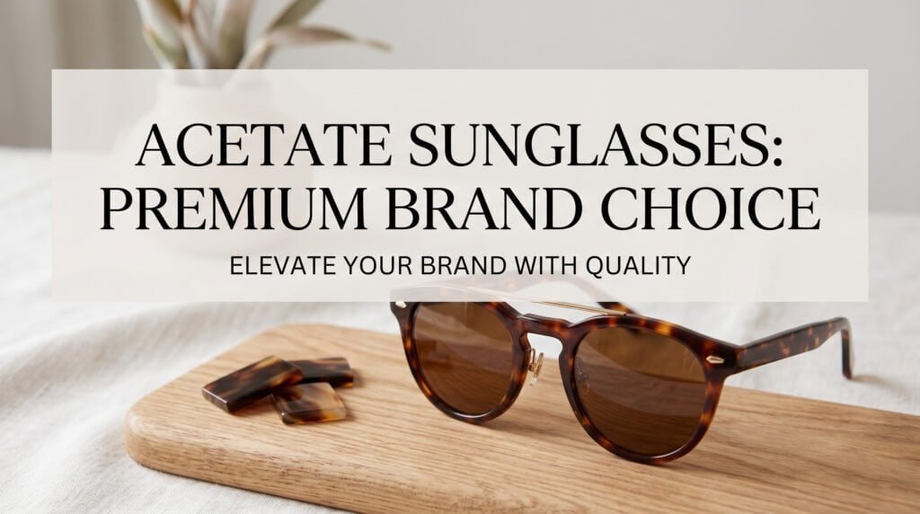 Premium tortoiseshell acetate sunglasses frames displayed with raw acetate material chips on a wooden board, showcasing high-quality manufacturing choices for eyewear brands.