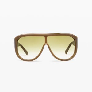 Retro-style Oversize Aviator Sunglasses featuring a chunky glossy brown frame and yellow-to-green gradient tinted lenses, displayed on a clean white studio background.
