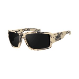 A pair of custom spotys sunglasses with a desert camouflage patterned frame and dark tinted lenses, presented on a solid white background.