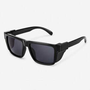 A pair of black square-framed sunglasses side shields featuring protection, displayed on a clean white background.