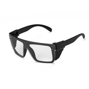 A pair of black frame photochromic safety glasses with photochromic lenses and protective side shields, angled to the left against a plain white background.