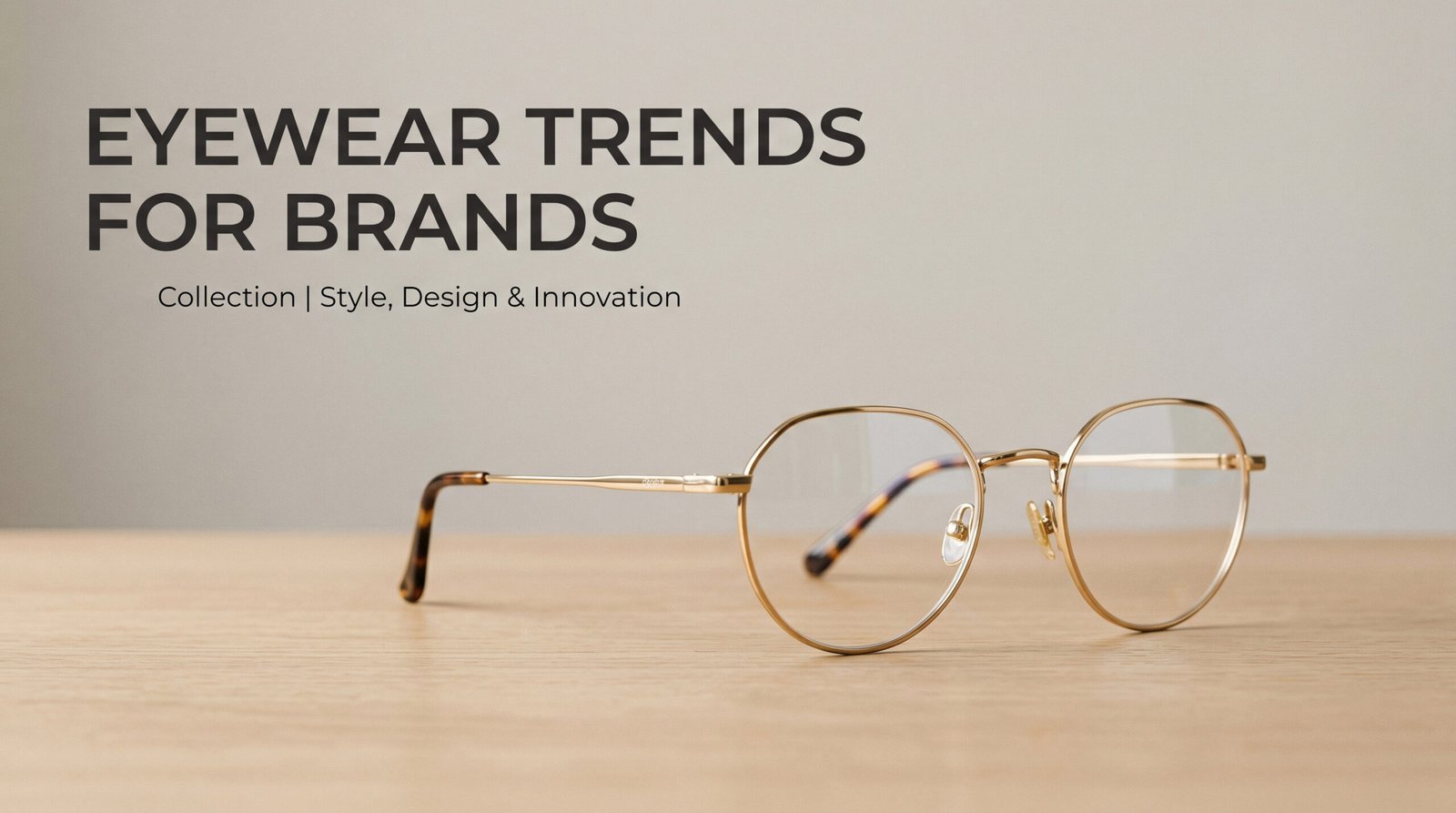 Blog cover image for the Eyewear Trends Report for Brands, featuring a pair of classic gold wire-frame glasses on a minimalist wooden table.