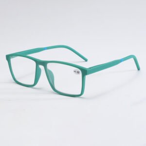 Custom reading glasses featuring a matte green square frame with ribbed temple details and a +1.50 magnification sticker, displayed on a white background.