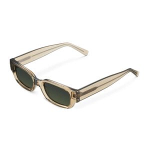 A pair of rectangular frame eco friendly sunglasses in transparent champagne beige, shown isolated on a white background, featuring dark green lenses and visible metal hinges.