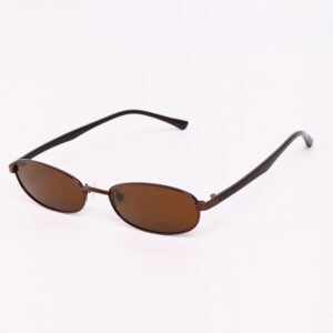 A pair of small oval metal frame sunglasses with brown lenses and dark brown frames, lying diagonally on a clean white background.