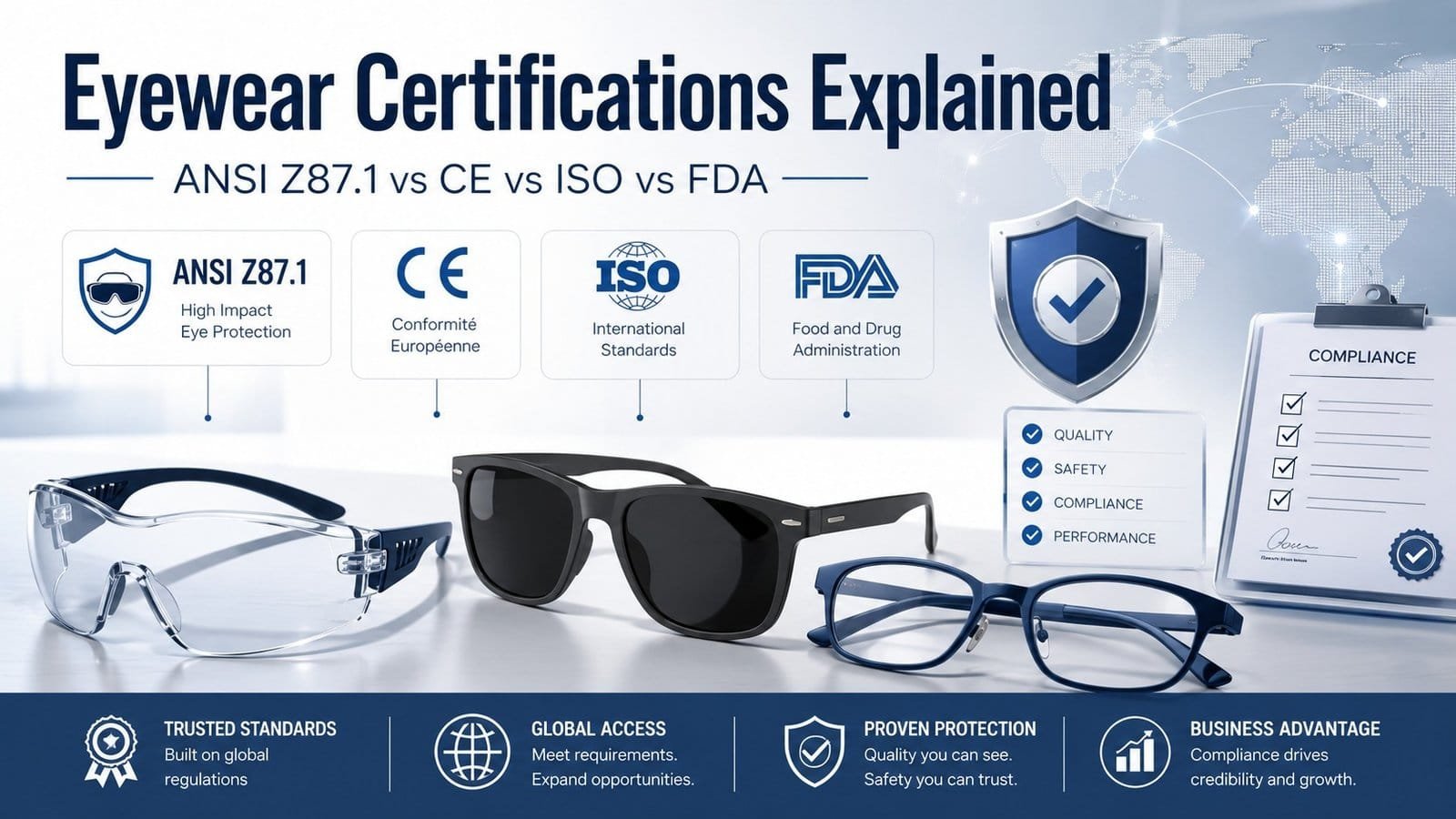 Eyewear certifications explained with ANSI Z87.1, CE, ISO and FDA requirements for safety glasses, sunglasses and optical eyewear.