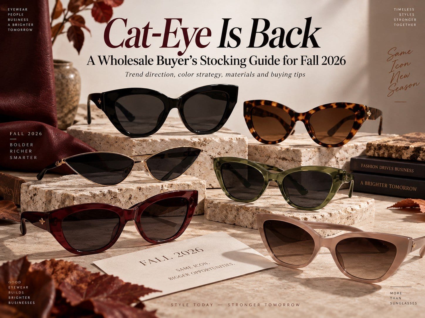 A display of modern frames featured in a cat eye sunglasses wholesale stocking guide for Fall 2026 on stone blocks.
