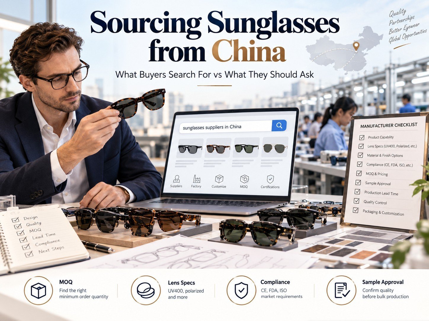China sunglasses sourcing guide showing a buyer comparing suppliers, samples, MOQ, lens specifications, compliance, and production requirements.