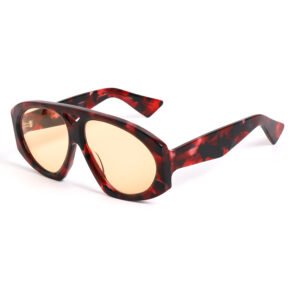 Oversized Aviator Sunglasses with a bold red tortoiseshell acetate frame, wide temples, and yellow tinted lenses shown from a side angle.