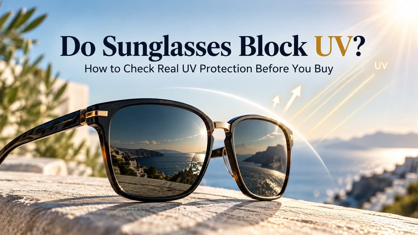 Do sunglasses block UV? Stylish sunglasses with UV-protective lenses under bright sunlight, illustrating how sunglasses help protect eyes from ultraviolet rays.