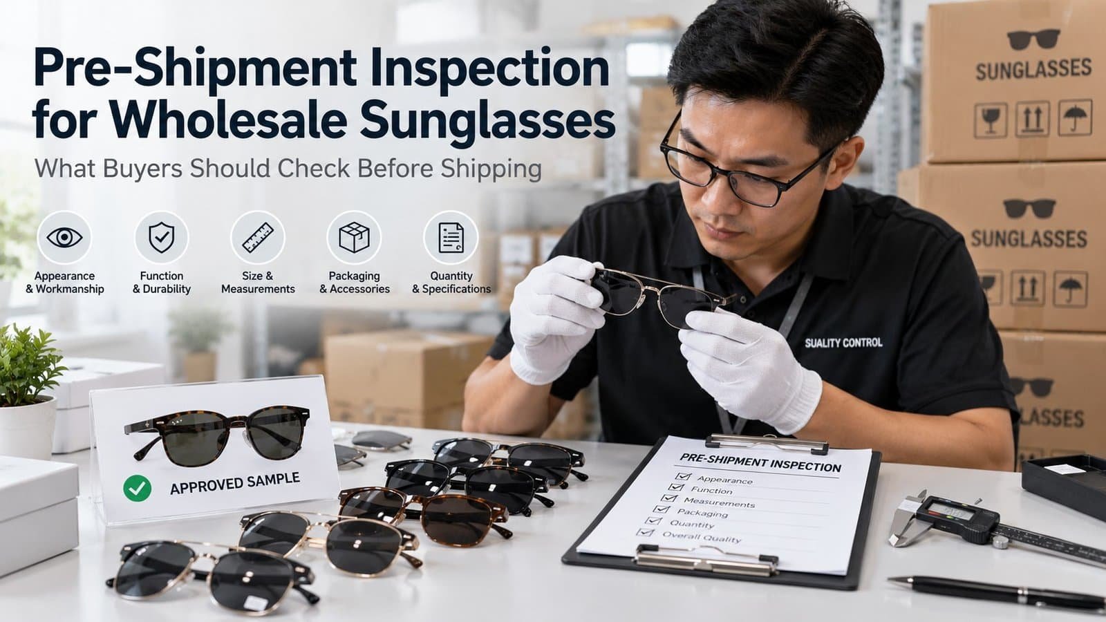 Pre shipment inspection for wholesale sunglasses with quality control checks before shipping
